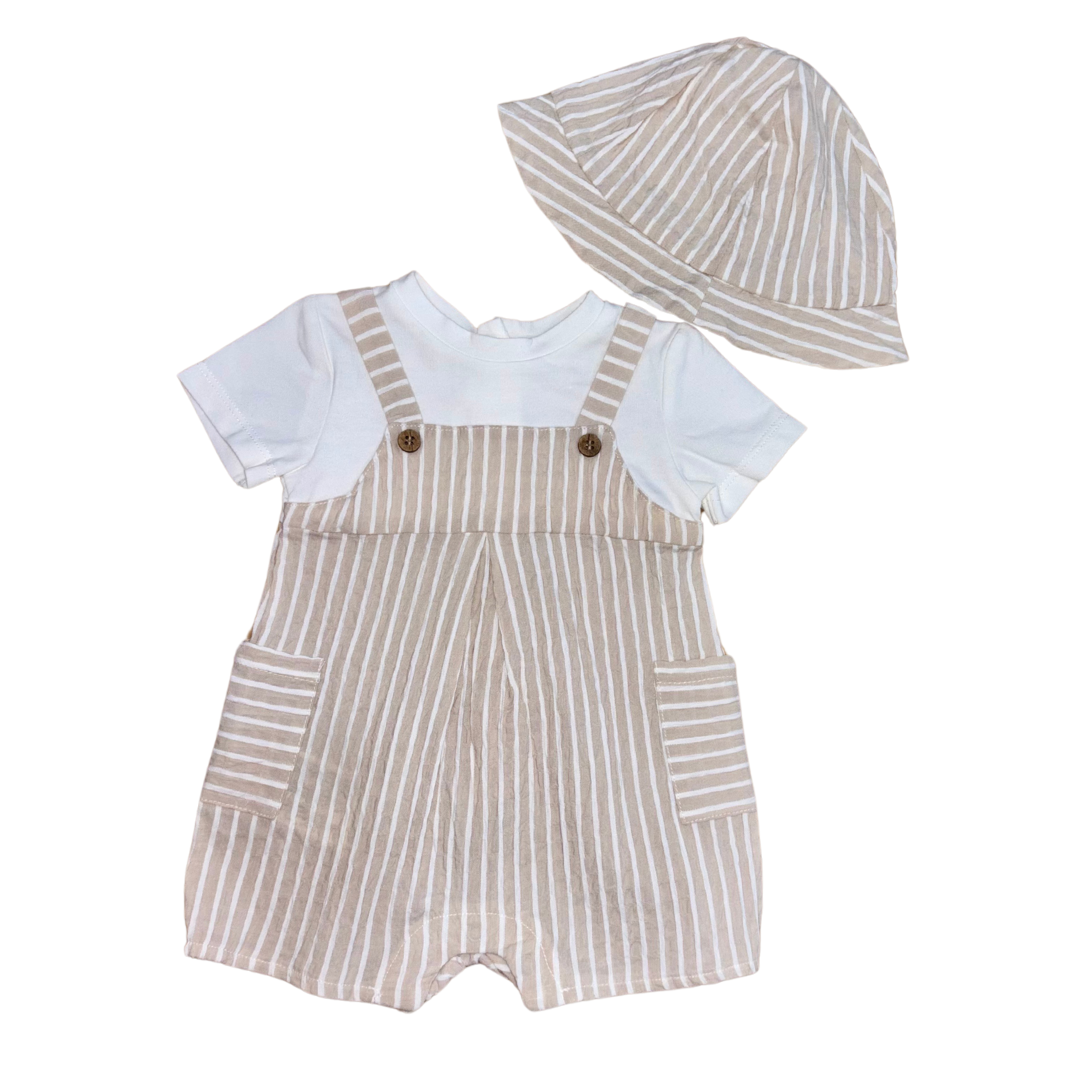 Beige Striped Romper & Hat