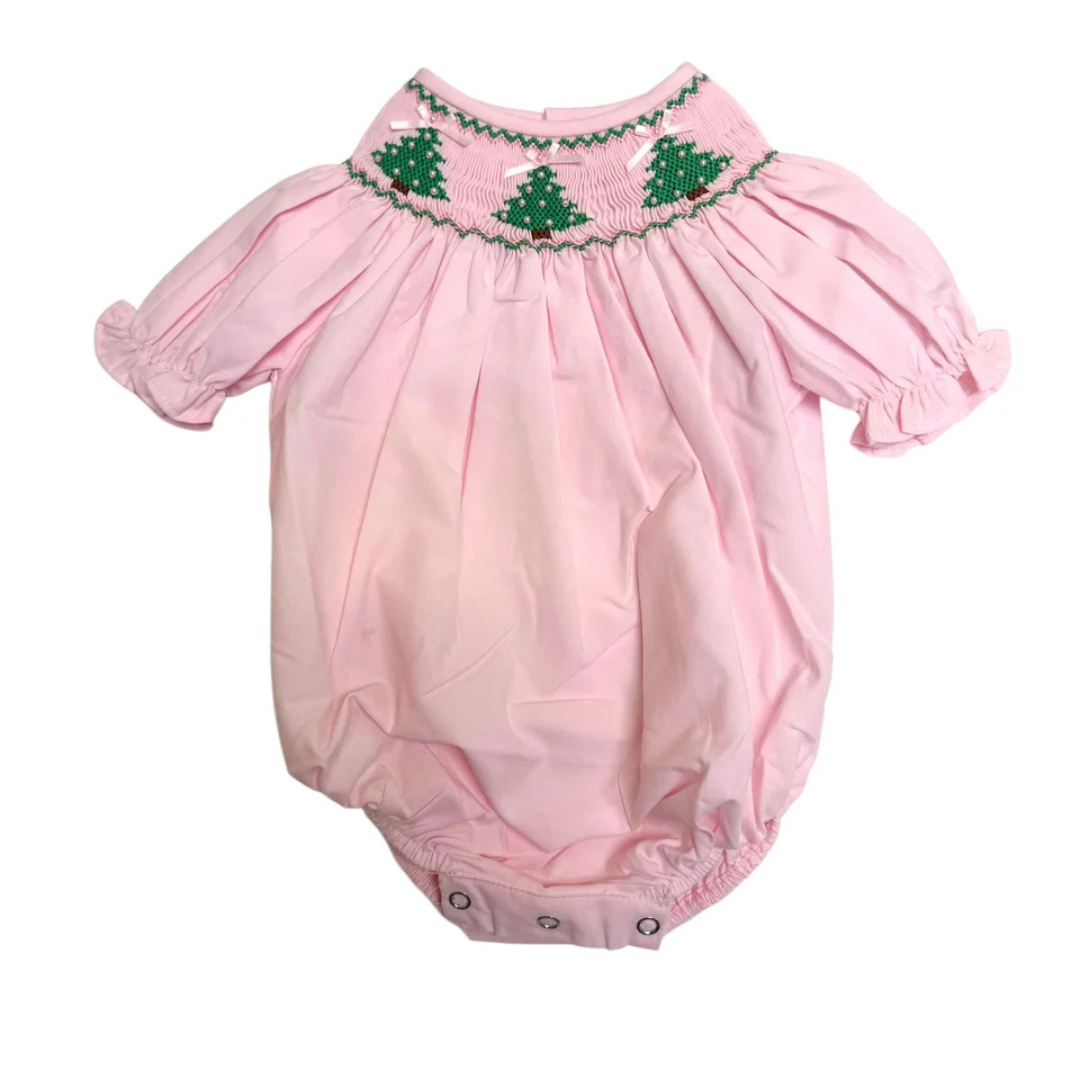 Pink Christmas Tree Smocked Bubble