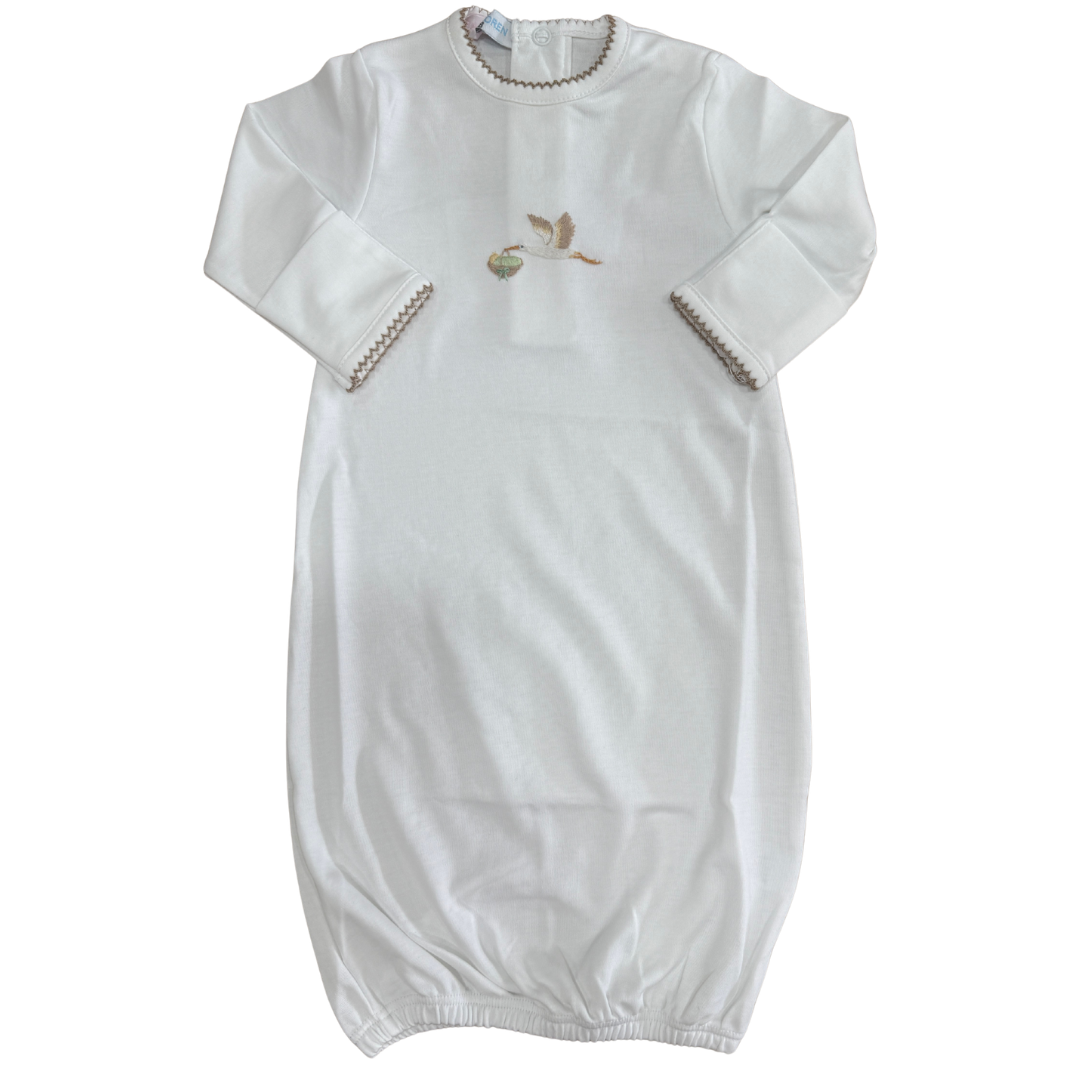 White Stork Welcome Baby Hand Embroidered Gown