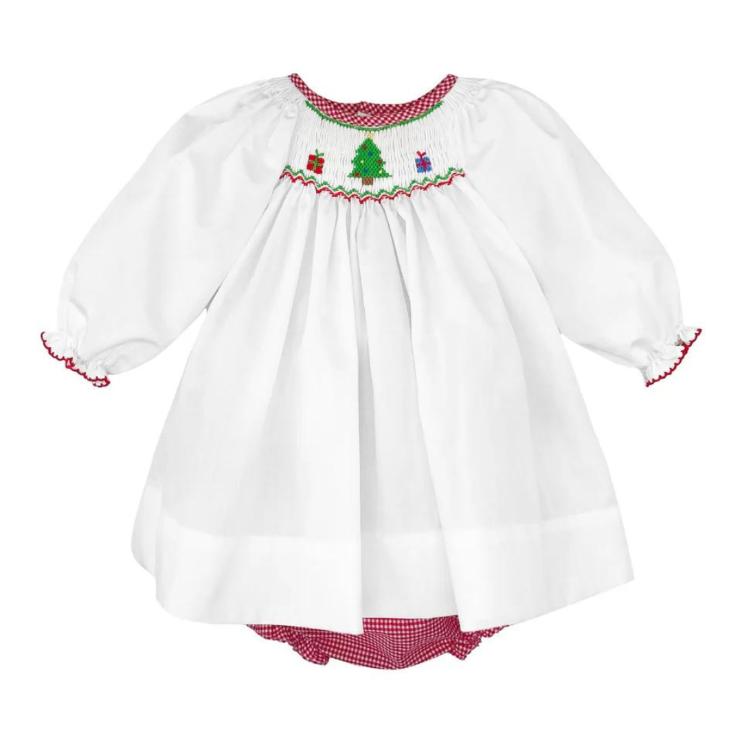 Petit Ami Christmas Tree Embroidered Dress