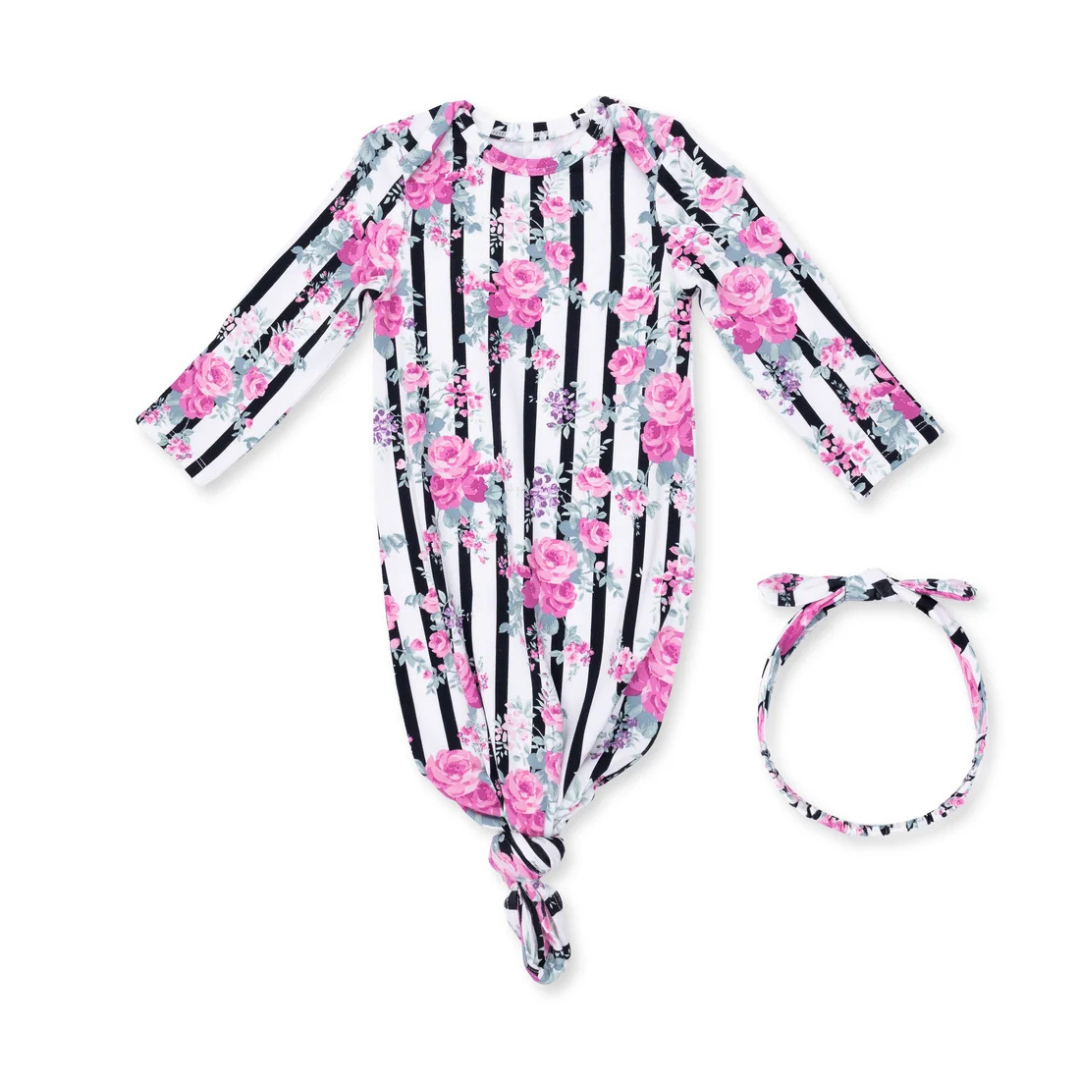 Cabbage Rose Stripe Knotted Gown & Headband