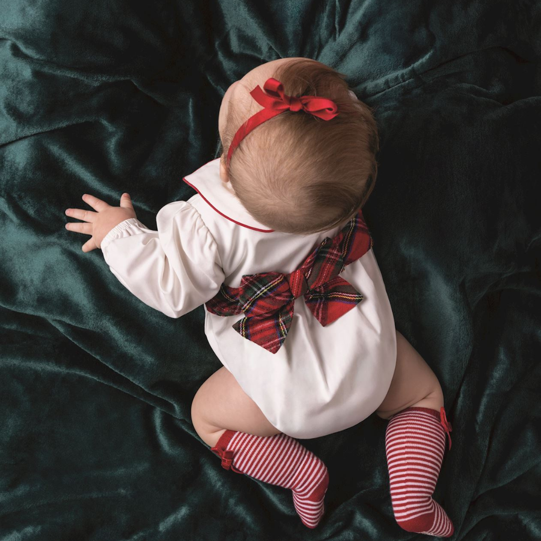 White Poplin Tartan Bow Bubble