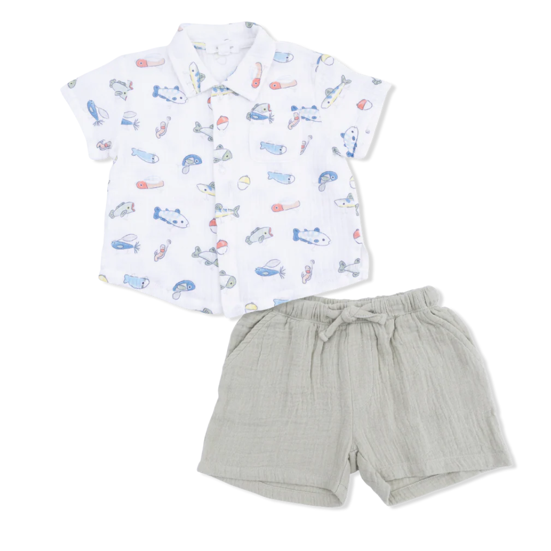 Fishing Lures Polo Button Up with Shorts