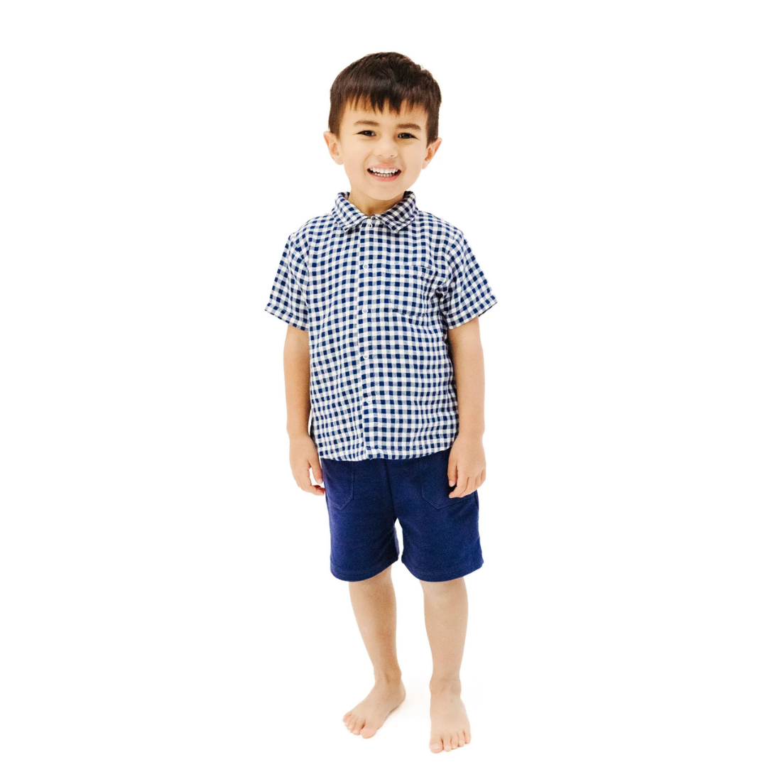 Navy Gingham Button Down Polo & Shorts Set