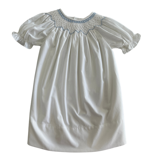 Cathy White/Blue Pearl Smocked Dress