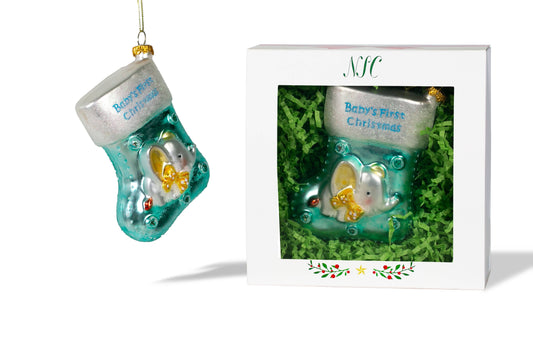 Elephant Baby Boy Stocking Glass Ornament