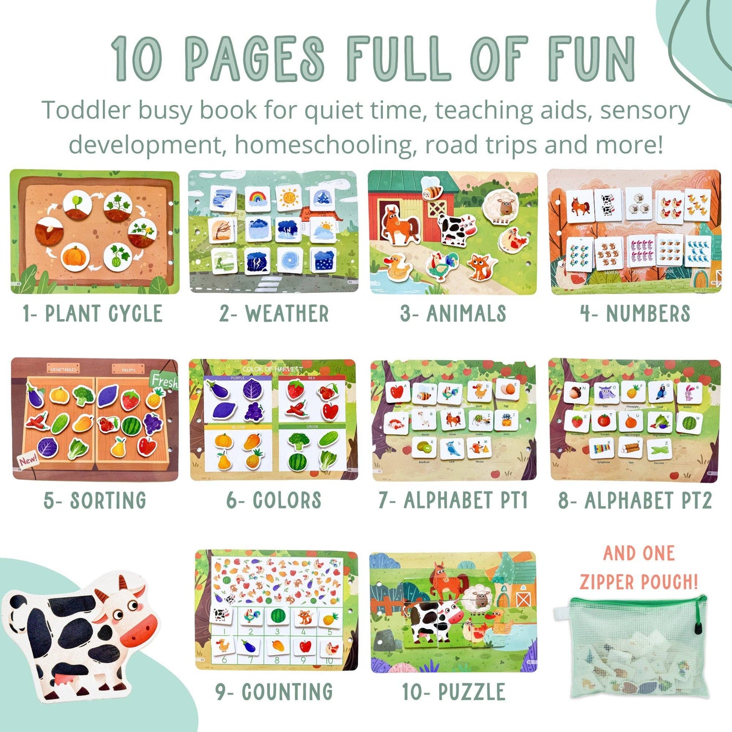 Farm Busy Book for Toddlers - Preassembled with Zipper Pouch - Velcro Matching Activity Book