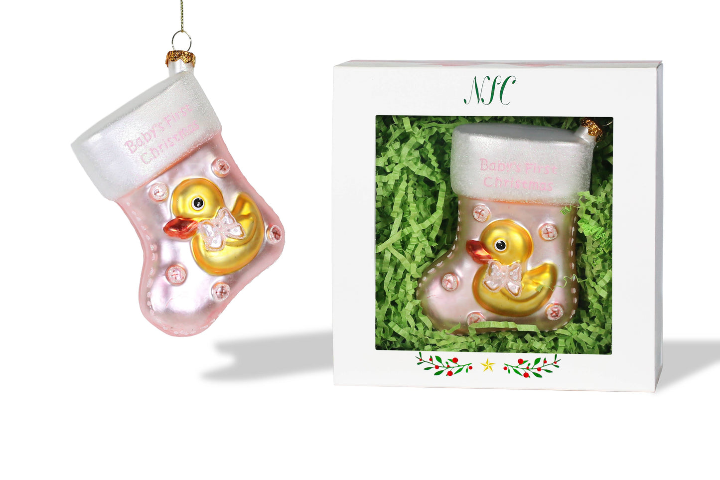 Yellow Duck Baby Girl Stocking Glass Ornament