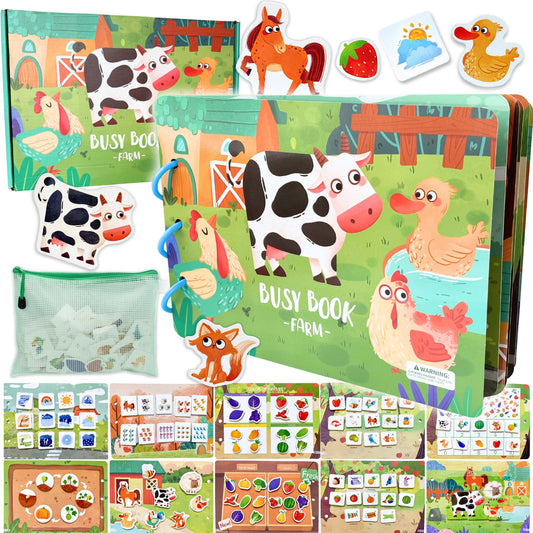 Farm Busy Book for Toddlers - Preassembled with Zipper Pouch - Velcro Matching Activity Book