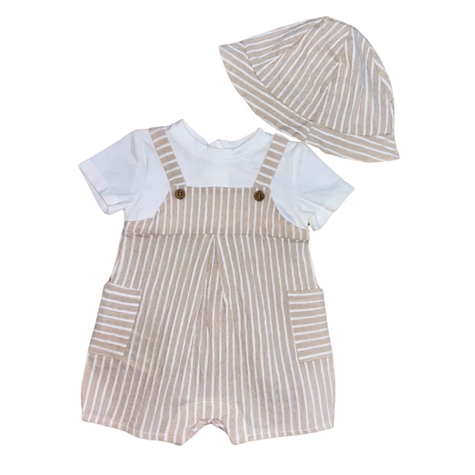 Beige Striped Romper & Hat