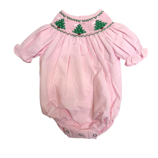 Pink Christmas Tree Smocked Bubble