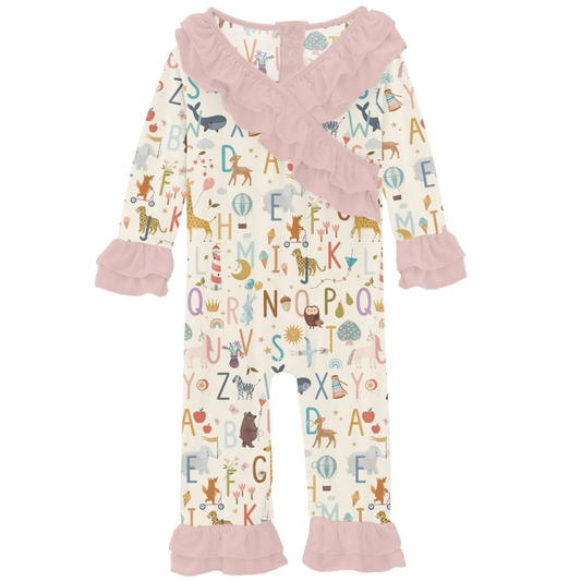 Animal Alphabet Long Sleeve Kimono Ruffle Romper