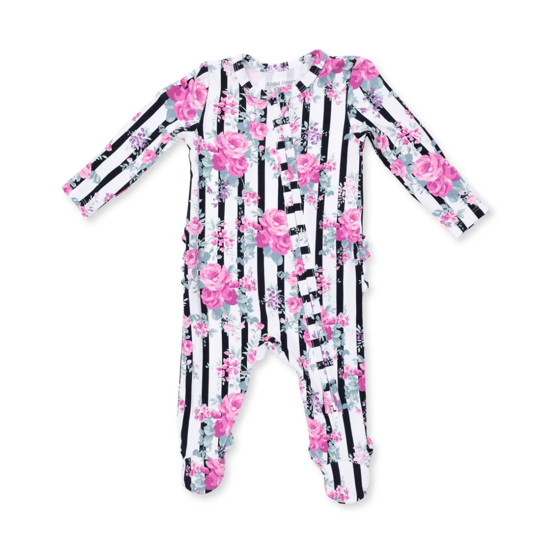 Cabbage Rose Stripe Ruffle Footie