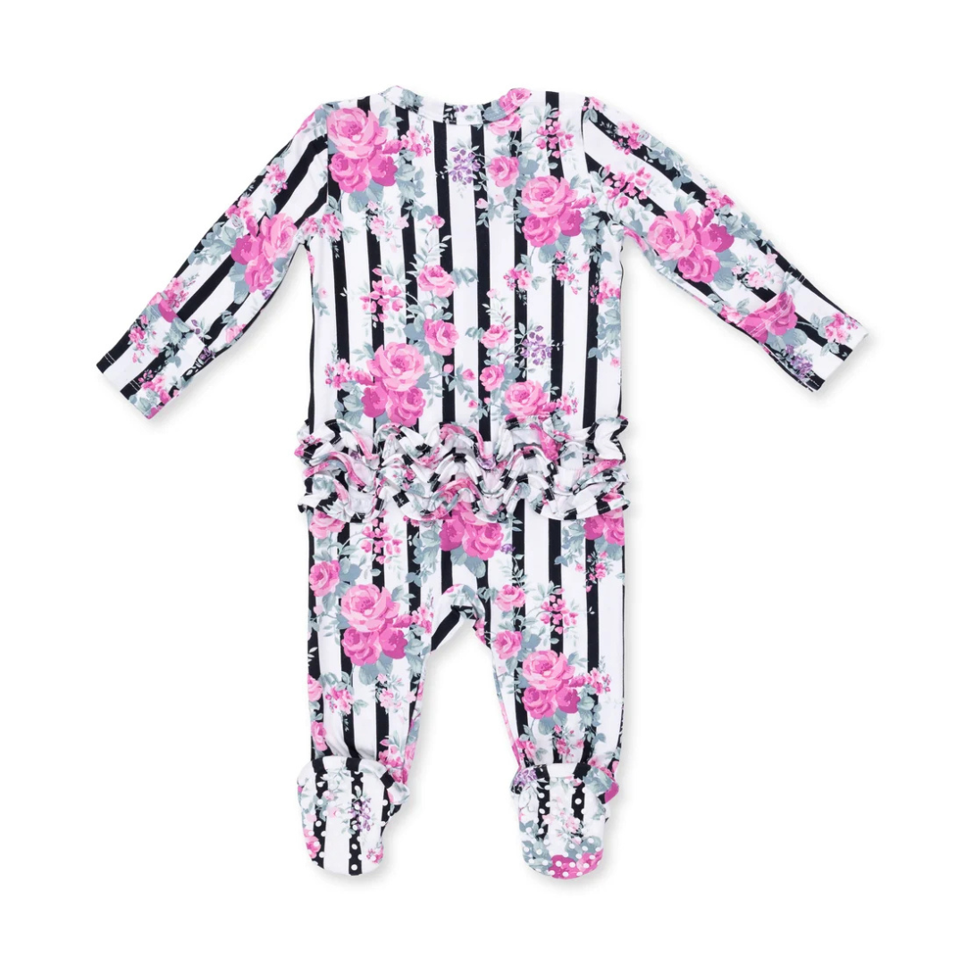 Cabbage Rose Stripe Ruffle Footie