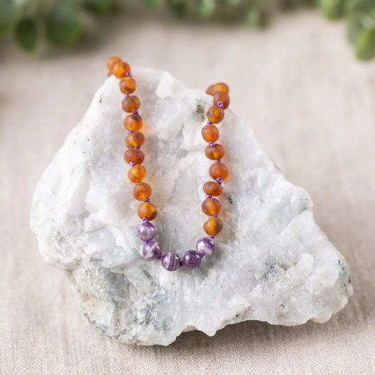 Amethyst + Raw Cognac Amber Necklace