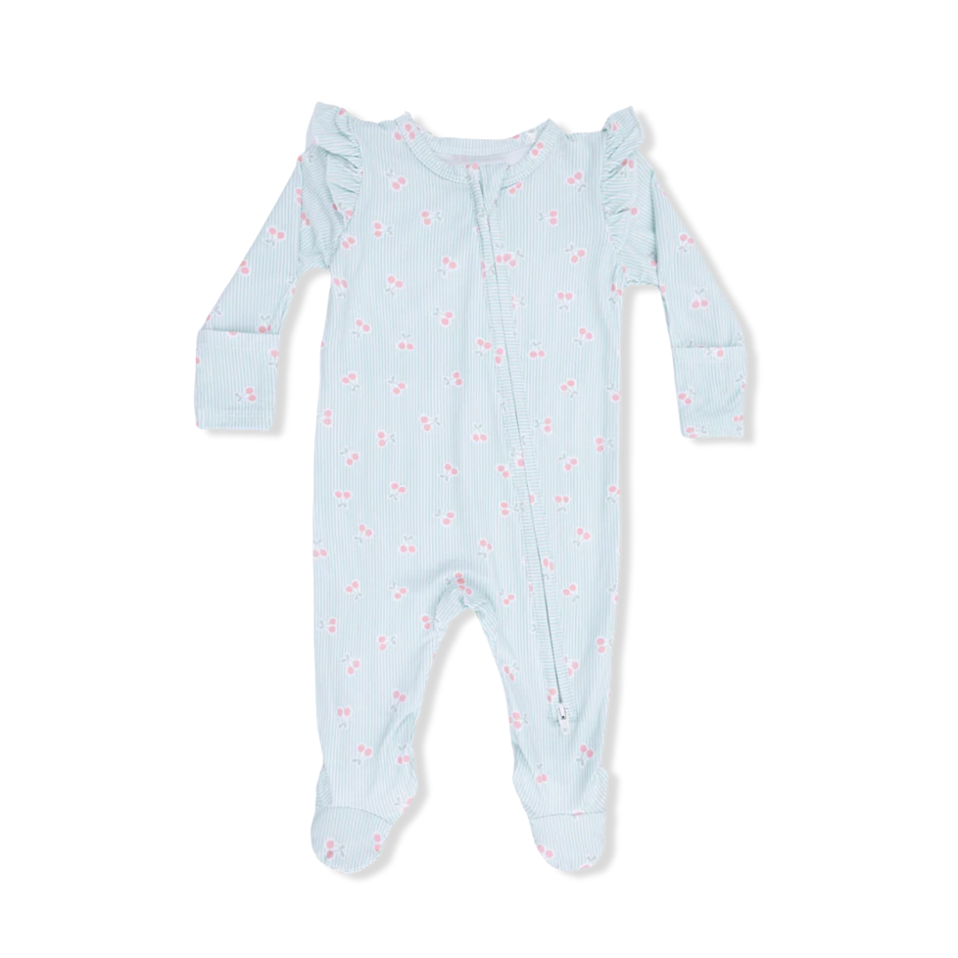 Tiny Cherry Stripe Ruffled Sleeve Footie
