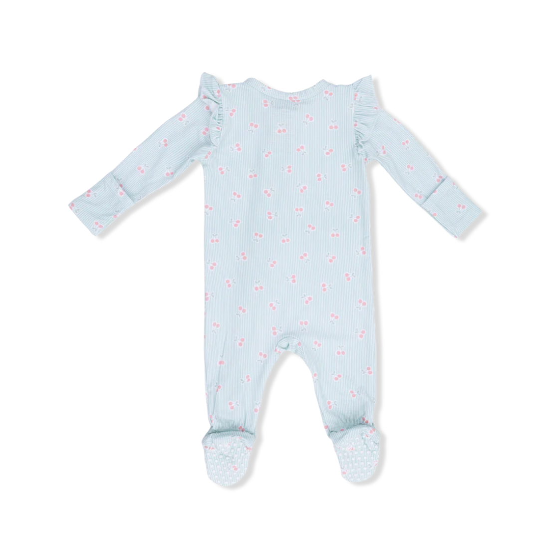 Tiny Cherry Stripe Ruffled Sleeve Footie