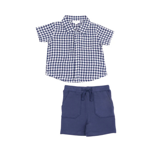 Navy Gingham Button Down Polo & Shorts Set