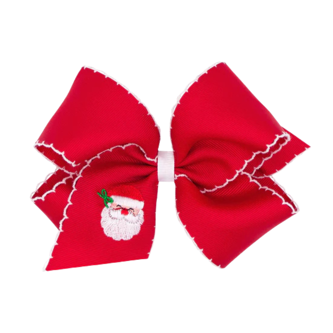 Grosgrain Hair Bow with Moonstitch Edge and Santa Embroidery wth Bow