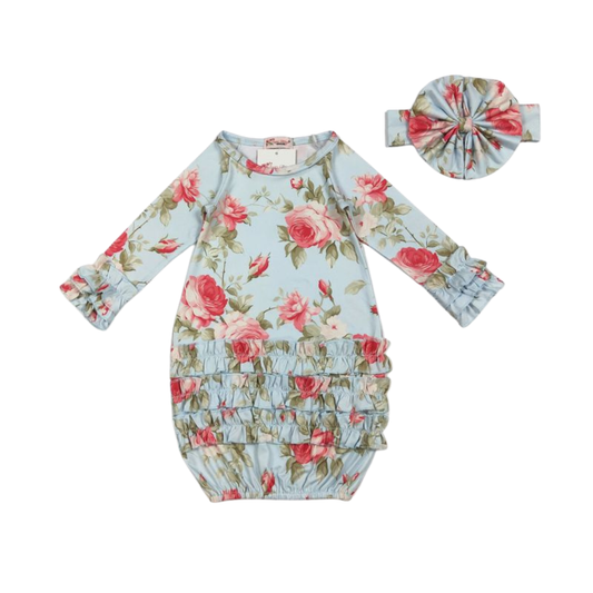 Aqua Rosy Baby Gown & Headband