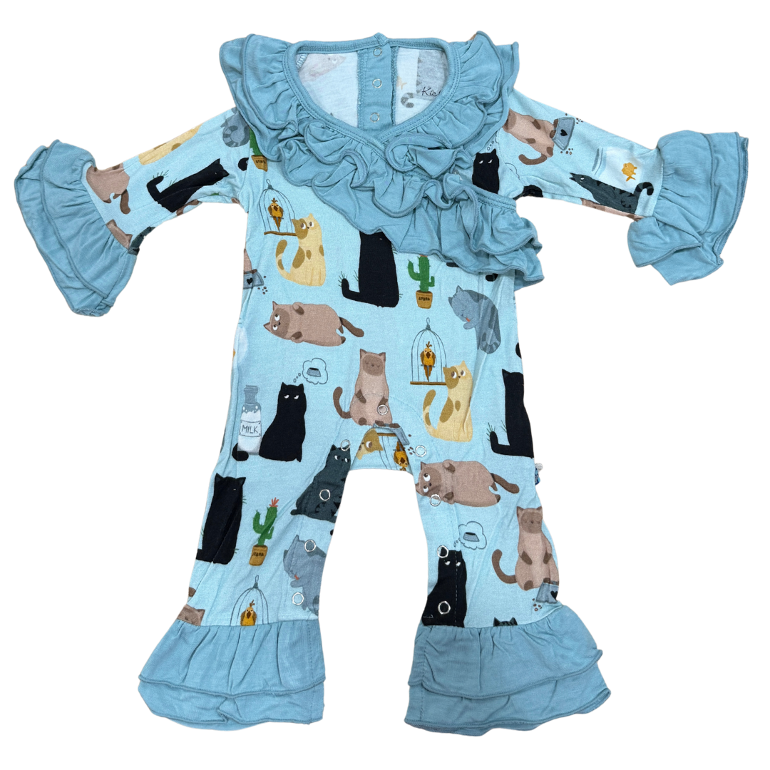 Spring Sky House Cats Long Sleeve Kimono Ruffle Romper