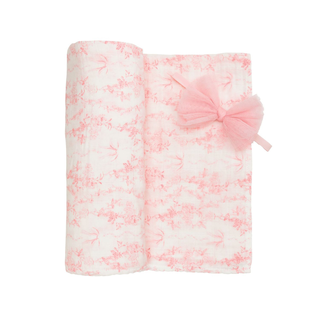 Pink Toile Swaddle & Bow Set