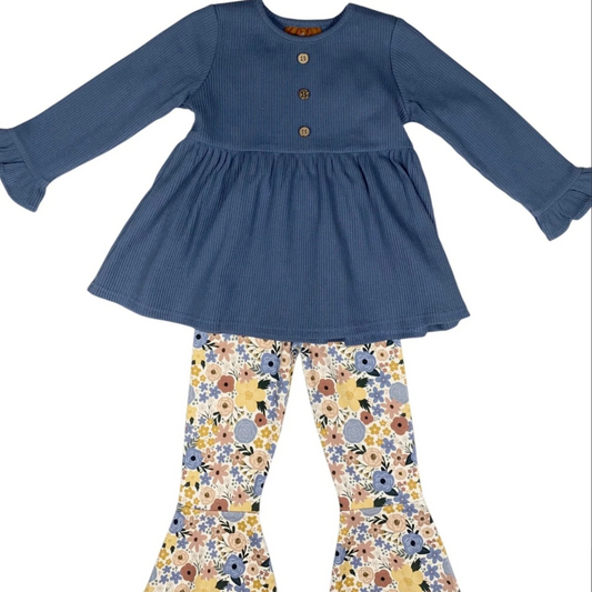 Blue Floral Bell Bottom Set