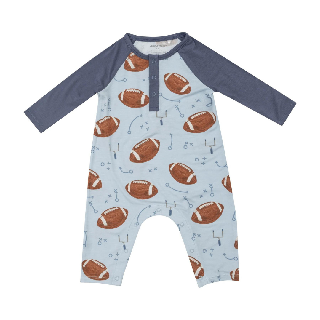 Blue Footballs L/S Raglan Henley Romper