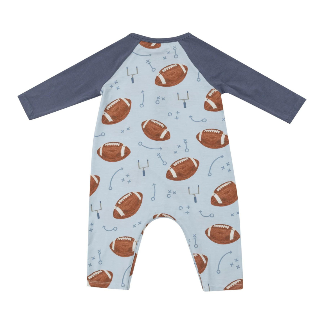 Blue Footballs L/S Raglan Henley Romper