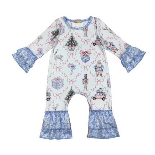 Blue Damask Nutcracker Ruffle Romper