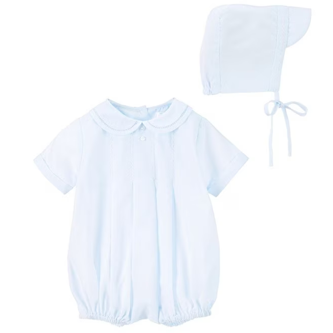 Petit Ami Boys Romper with Hand Feather Stitching & Hat