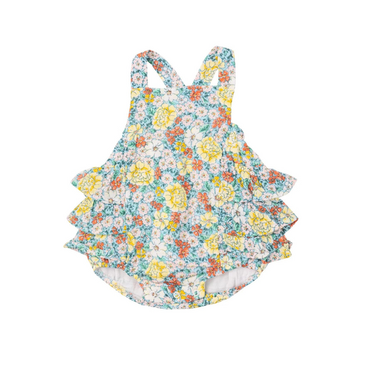 Golden Peony Floral Ruffle Sunsuit