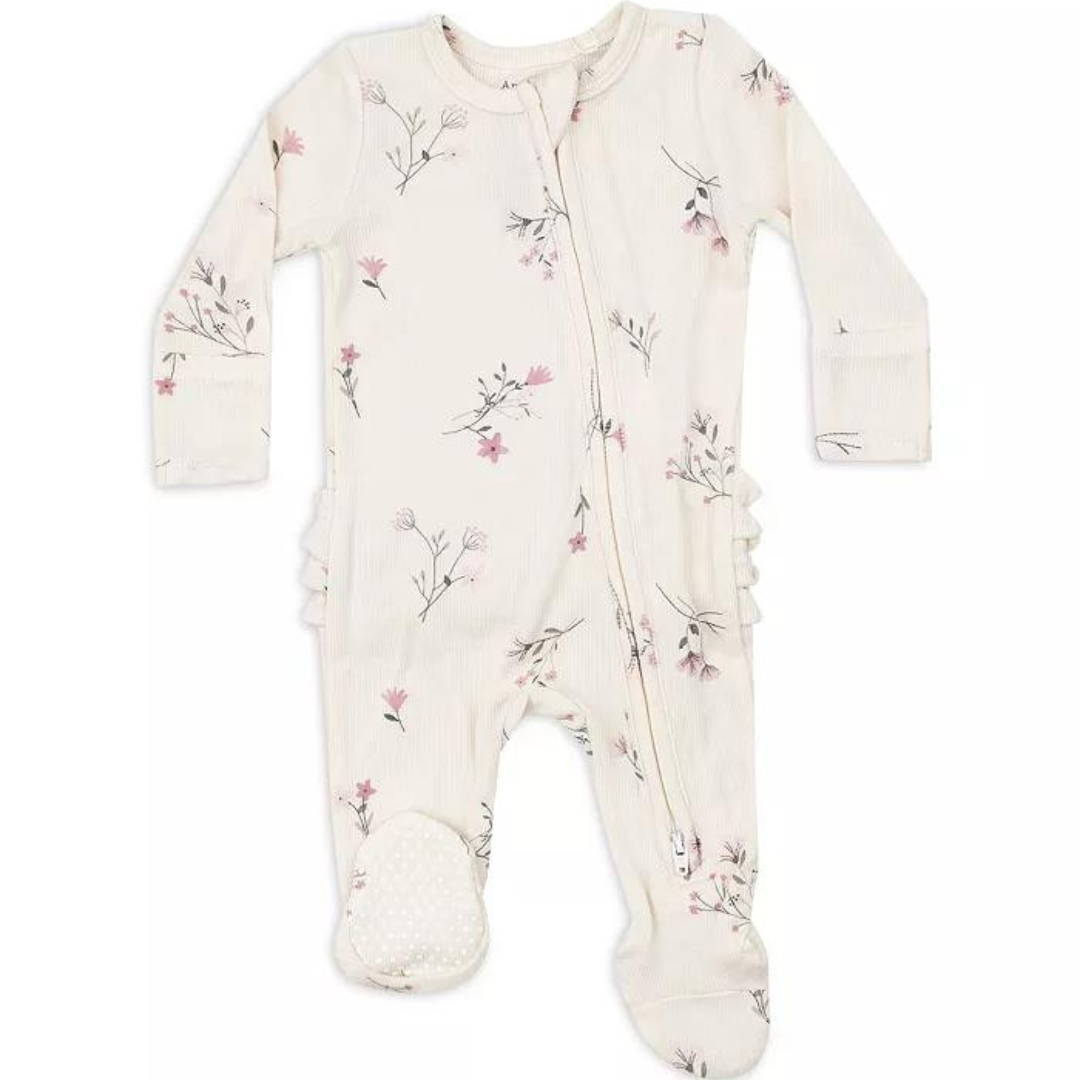 Wispy Floral Ruffle Zipper Footie